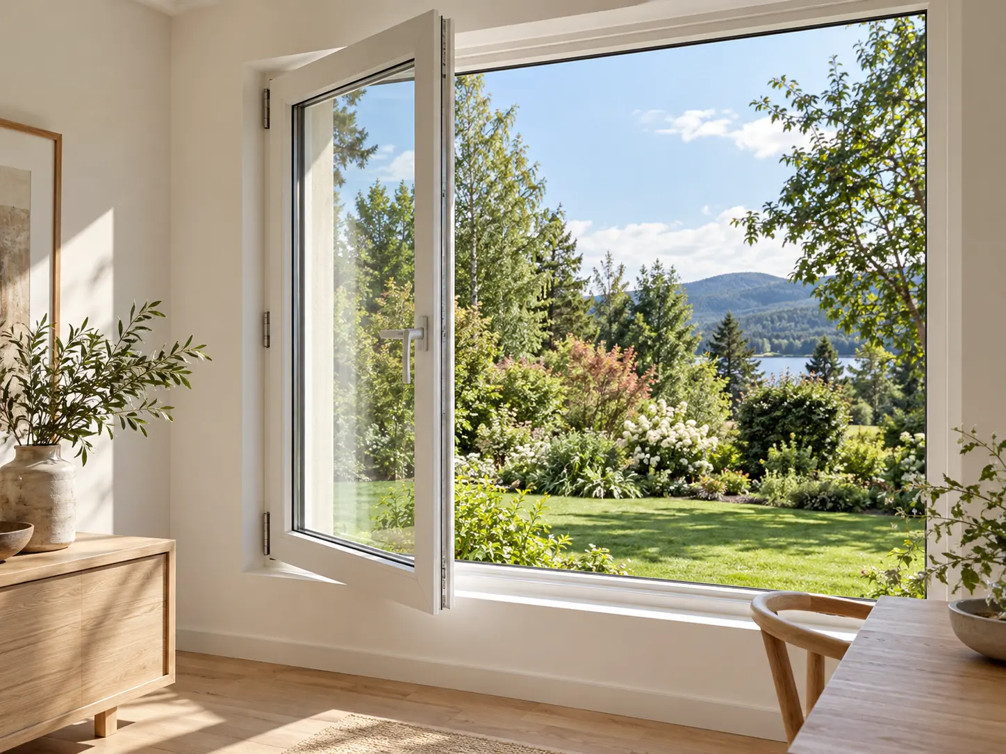 Imagen referencial de una ventana abatible de PVC abierta hacia el interior